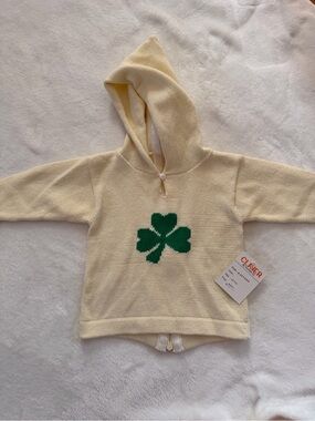 Claver Cream Knit Hoodie with Green Clover Graphic